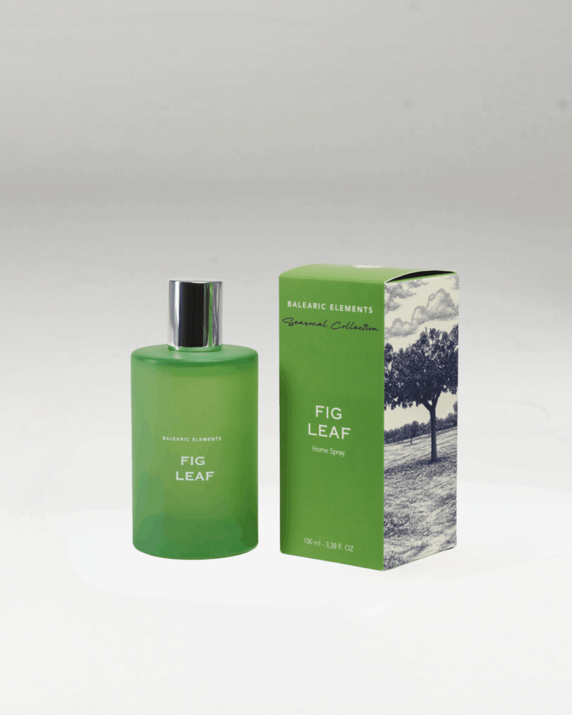 Fig Leaf Home Spray 100ml in a frosted green glass bottle with botanical illustration box, inspired by the elements of the Balearic earth, limited edition by Balearic Elements".
