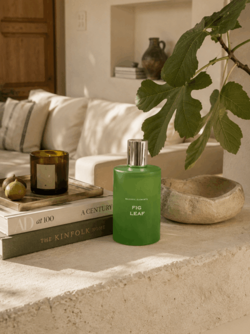 Fig Leaf Home Spray 100ml in a frosted green glass bottle with botanical illustration box, inspired by the elements of the Balearic earth, limited edition by Balearic Elements".