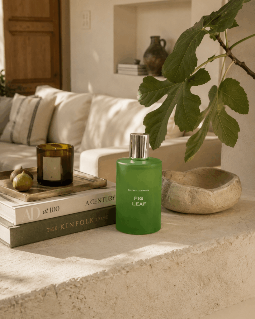 Fig Leaf Home Spray 100ml in a frosted green glass bottle with botanical illustration box, inspired by the elements of the Balearic earth, limited edition by Balearic Elements".