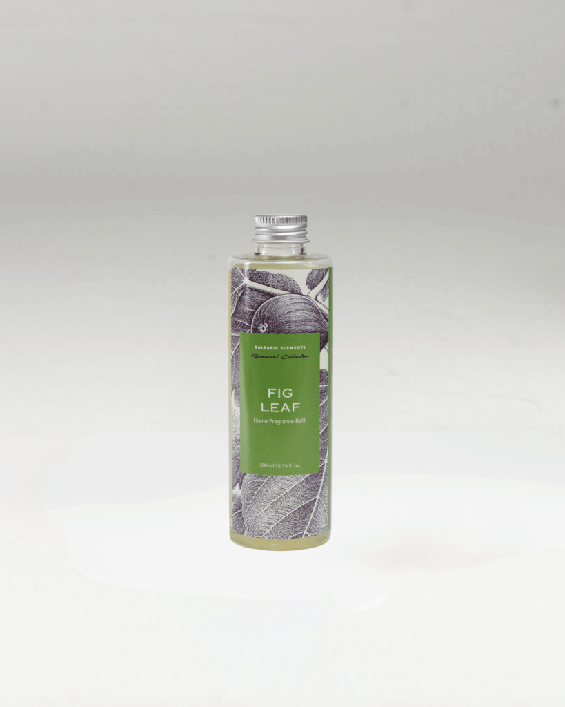 Fig Leaf home fragrance reed diffuser refill 200ml, featuring a botanical fig tree illustration, Balearic Elements limited edition by Agua de Baleares