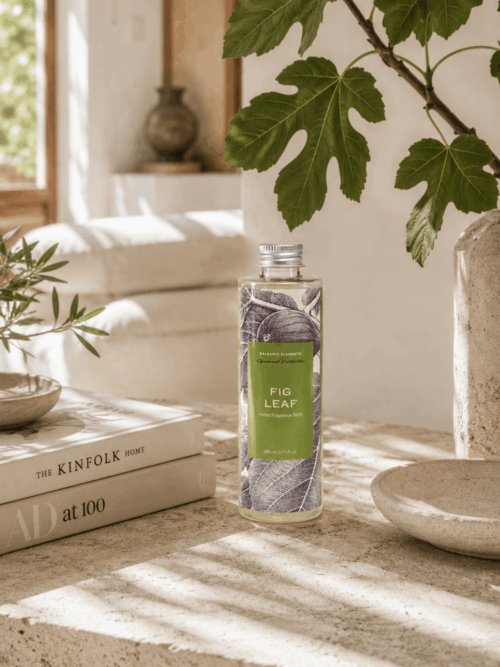 Fig Leaf home fragrance reed diffuser refill 200ml, featuring a botanical fig tree illustration, Balearic Elements limited edition by Agua de Baleares