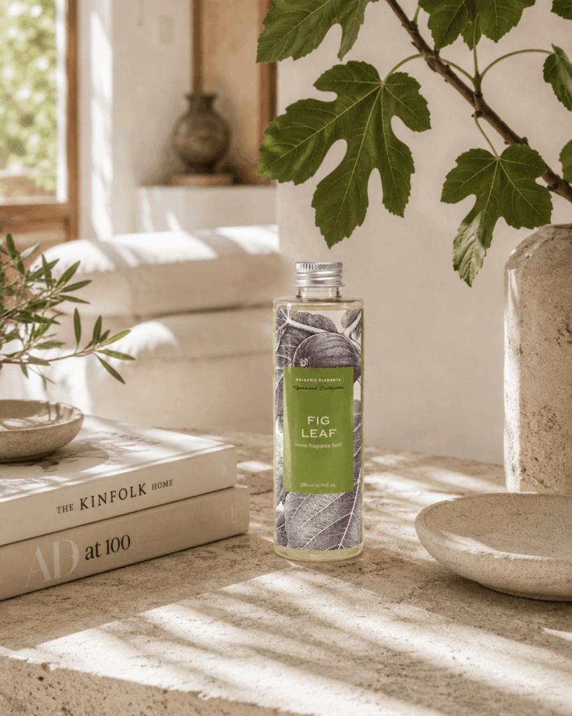 Fig Leaf home fragrance reed diffuser refill 200ml, featuring a botanical fig tree illustration, Balearic Elements limited edition by Agua de Baleares